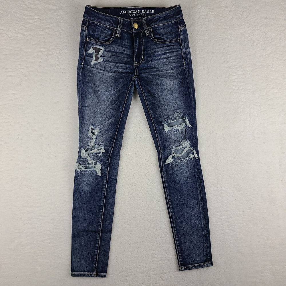 American Eagle Jeans Womens 2‎ Short Jegging Super Stretch Distress Dark Wash